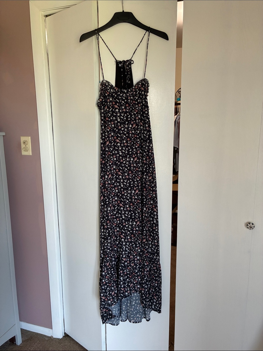 Floral Black Maxi Slip Dress with Spaghetti Straps